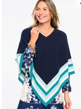 Talbots S/M Navy Poncho Sweater with Teal & Aqua Chevron Stripes